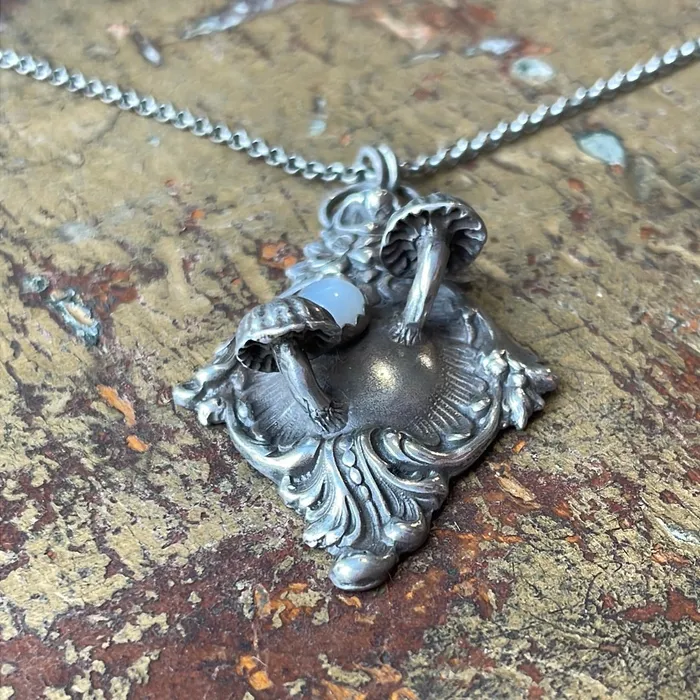 Mushroom Pendant with Black Moonstone Silver Moon Alchemy Necklaces