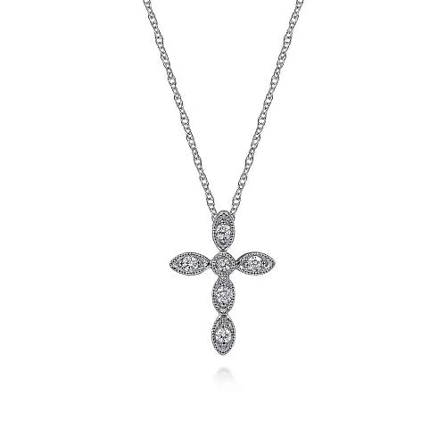 GABRIEL CO Necklaces 14K White Gold Marquise Shaped Diamond Cross Necklace