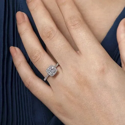 GABRIEL CO Rings 14K White Gold Cushion Halo Round Diamond Engagement Ring