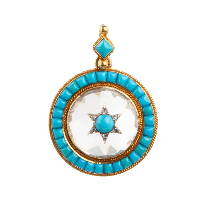 Necklaces Bell Bird Antiques 19th century rock crystal turquoise and diamond Locket Necklaces Bell Bird Antiques 19th century rock crystal turquoise and diamond Locket