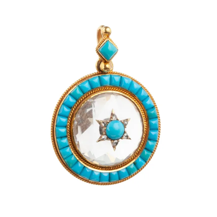 Necklaces Bell Bird Antiques 19th century rock crystal turquoise and diamond Locket