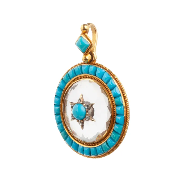 Necklaces Bell Bird Antiques 19th century rock crystal turquoise and diamond Locket