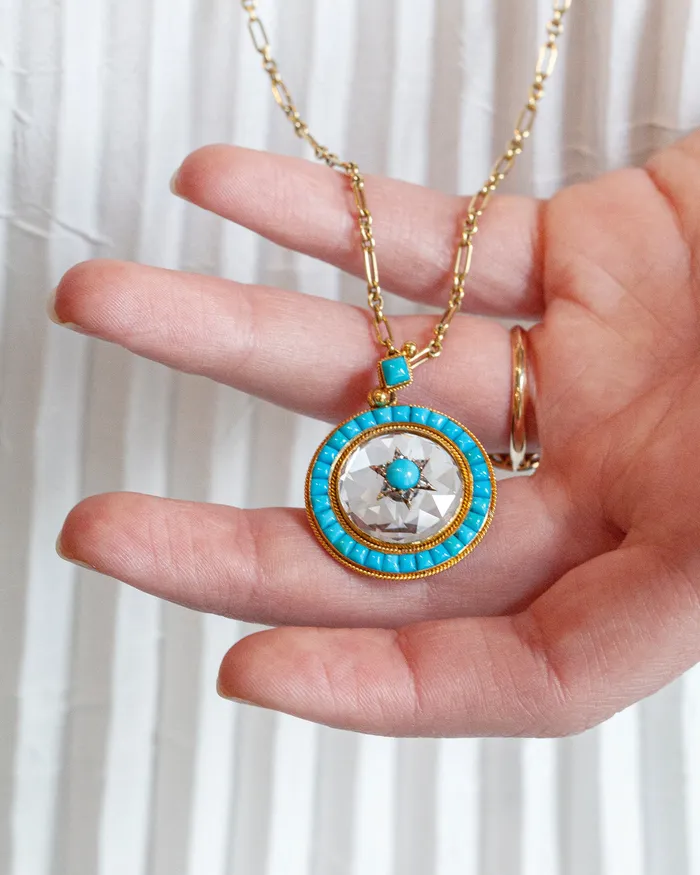 Necklaces Bell Bird Antiques 19th century rock crystal turquoise and diamond Locket