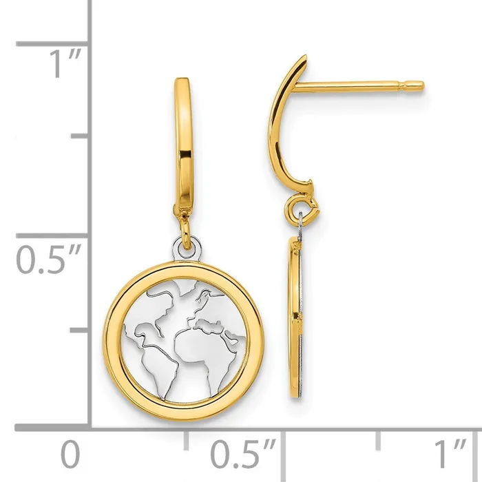 14k Yellow Rhodium Gold Polished White Rhodium Earth Dangle Earrings Goldia Earrings