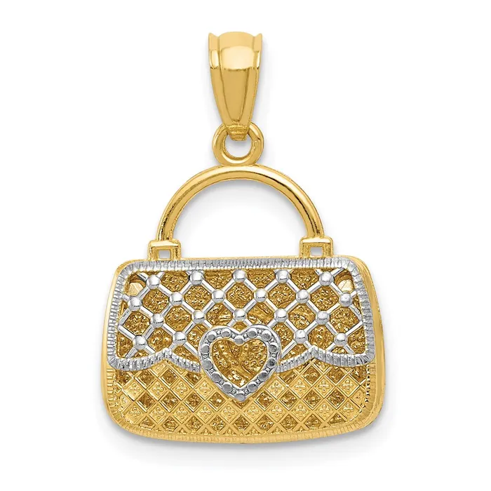 14k Yellow Rhodium Gold wRhodium 3D Reversible Heart Handbag Pendant Goldia Necklaces