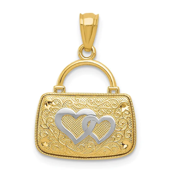 14k Yellow Rhodium Gold wRhodium 3D Reversible Heart Handbag Pendant Goldia Necklaces