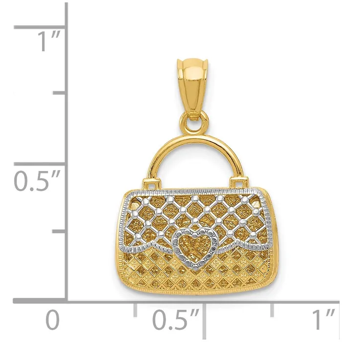 14k Yellow Rhodium Gold wRhodium 3D Reversible Heart Handbag Pendant Goldia Necklaces