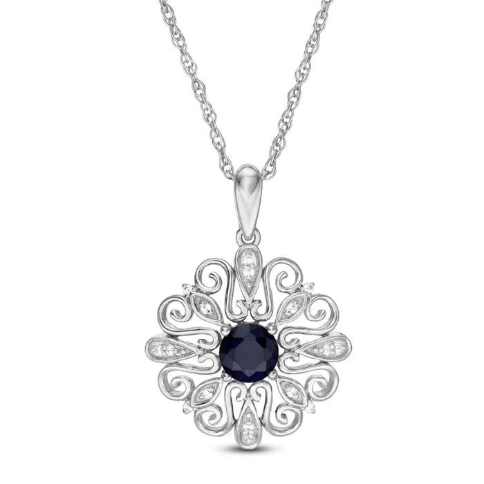 50mm LabCreated Blue Sapphire and 005 CT TW Diamond Filigree Scroll Frame Pendant in Sterling Silver Goldia Necklaces 50mm LabCreated Blue Sapphire and 005 CT TW Diamond Filigree Scroll Frame Pendant in Sterling Silver Goldia Necklaces