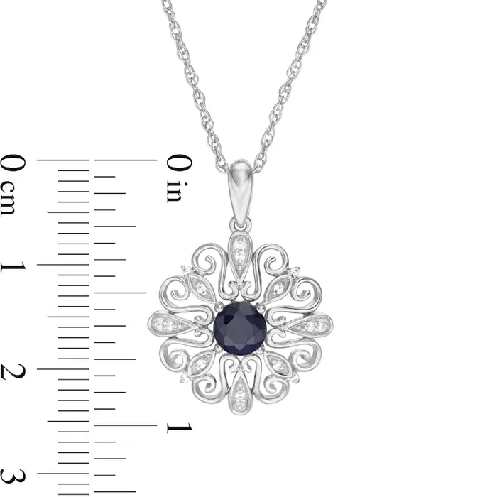 50mm LabCreated Blue Sapphire and 005 CT TW Diamond Filigree Scroll Frame Pendant in Sterling Silver Goldia Necklaces 50mm LabCreated Blue Sapphire and 005 CT TW Diamond Filigree Scroll Frame Pendant in Sterling Silver Goldia Necklaces