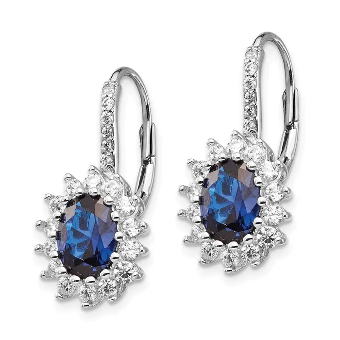 Earrings Goldia Cheryl M Sterling Silver Rhodiumplated Brilliantcut Lab Created Dark Blue Spinel and Brilliantcut White CZ Oval Halo Leverback Earrings