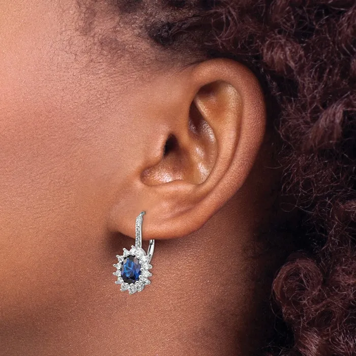 Earrings Goldia Cheryl M Sterling Silver Rhodiumplated Brilliantcut Lab Created Dark Blue Spinel and Brilliantcut White CZ Oval Halo Leverback Earrings
