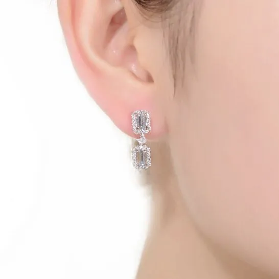 Earrings JMS always Original Megan Walford Sterling Silver Emerald and Round Cubic Zirconia Rectangular Halo Drop Earrings