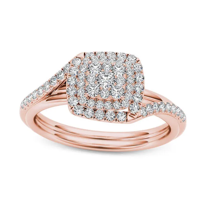 Goldia 038 CT TW Composite Natural Diamond Double Square Frame Bypass Engagement Ring in Solid 14K Rose Gold Rings