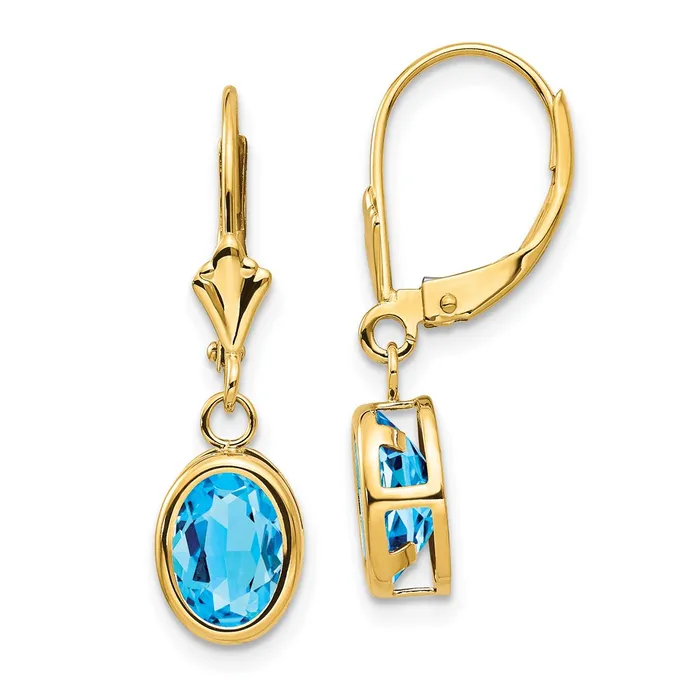 Goldia Earrings 14k Yellow Gold 8x6mm Oval Blue Topaz Leverback Earrings