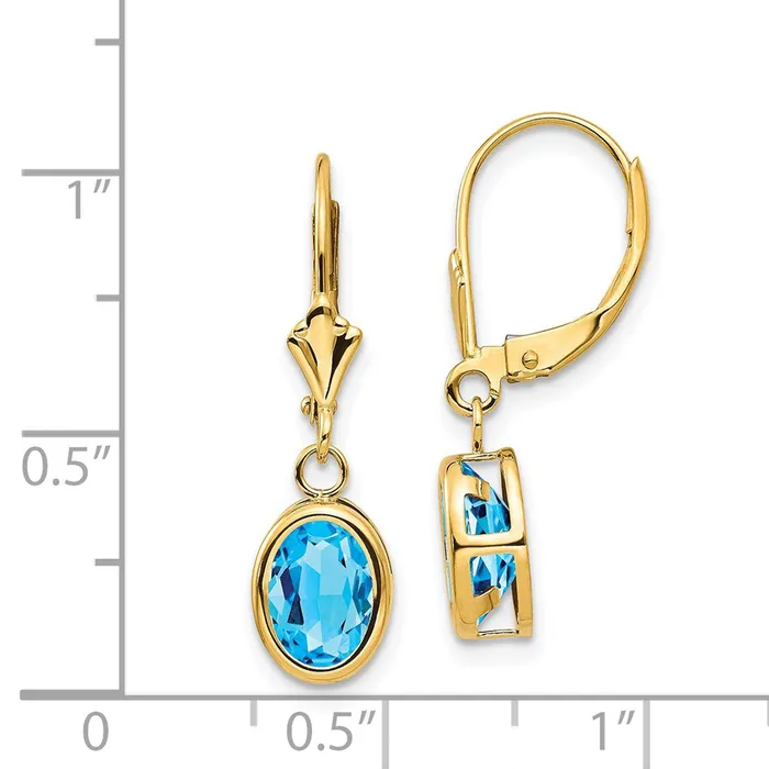 Goldia Earrings 14k Yellow Gold 8x6mm Oval Blue Topaz Leverback Earrings