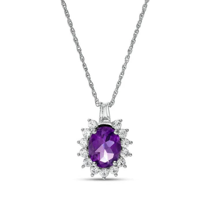 Goldia Necklaces Oval Amethyst and White LabCreated Sapphire Starburst Frame Pendant in Sterling Silver Goldia Necklaces Oval Amethyst and White LabCreated Sapphire Starburst Frame Pendant in Sterling Silver