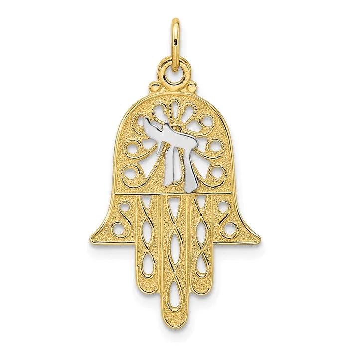 Goldia Rings 14k Twotone Gold Solid Hamsa and Chai Symbol Pendant