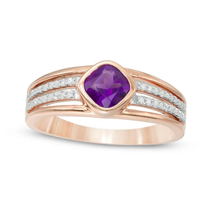 Goldia Rings 50mm CushionCut Amethyst and 013 CT TW Natural Diamond MultiRow Split Shank Ring in Solid 10K Rose Gold