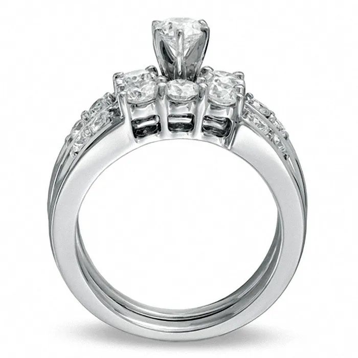 Goldia Rings Previously Owned 15 CT TW Natural Diamond Three Stone Bridal Engagement Ring Set in Solid 14K White Gold