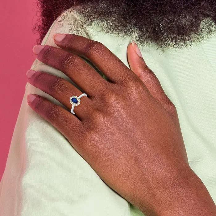 Goldia Solid 14k Twotone Simulated Sapphire and CZ Halo Ring Rings