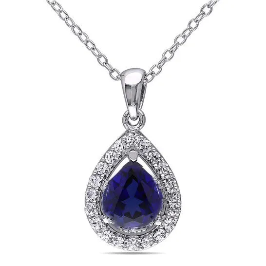 JMS always Necklaces Original AMOUR Created Blue and Created White Sapphire Teardrop Halo Pendant with Chain In Sterling Silver JMS always Necklaces Original AMOUR Created Blue and Created White Sapphire Teardrop Halo Pendant with Chain In Sterling Silver