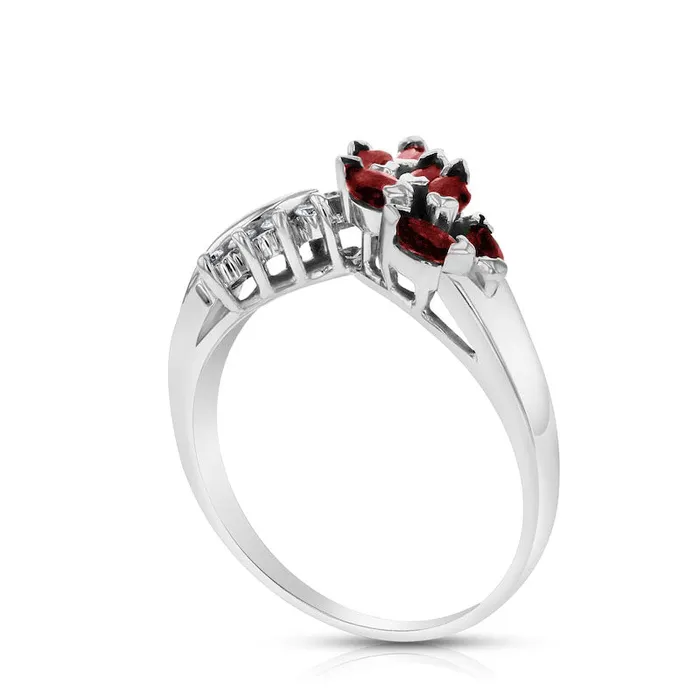 Marquise Ruby and 010 CT TW Natural Diamond Leaf Branch Chevron Ring in Solid 14K White Gold Goldia Rings Marquise Ruby and 010 CT TW Natural Diamond Leaf Branch Chevron Ring in Solid 14K White Gold Goldia Rings