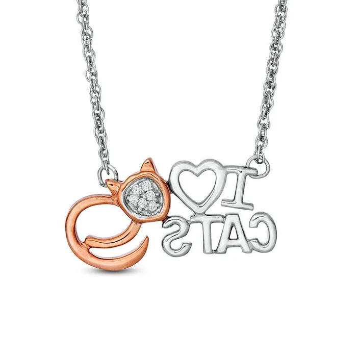 Natural Diamond Accent I Heart CATS Necklace in Sterling Silver and 10K Rose Gold 175 Goldia Necklaces Natural Diamond Accent I Heart CATS Necklace in Sterling Silver and 10K Rose Gold 175 Goldia Necklaces