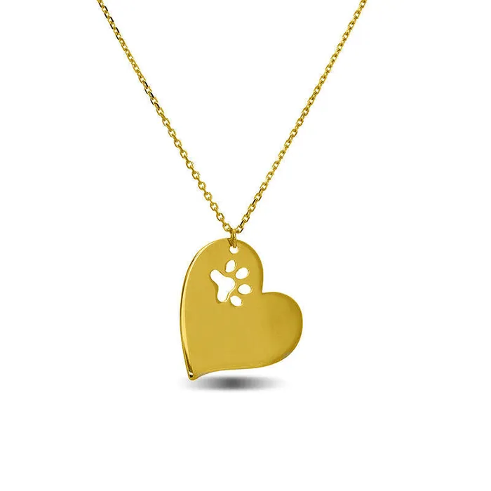 Necklaces Dog Paw Print Cutout Tilted Heart Pendant in 14K Gold Goldia