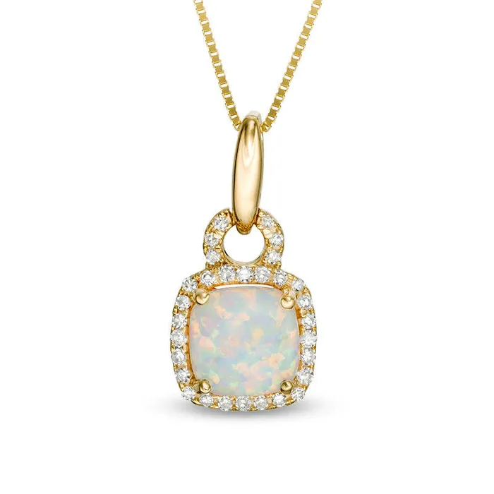 Necklaces Goldia 60mm CushionCut LabCreated Opal and 01 CT TW Diamond Frame Doorknocker Pendant in 10K Yellow Gold Necklaces Goldia 60mm CushionCut LabCreated Opal and 01 CT TW Diamond Frame Doorknocker Pendant in 10K Yellow Gold