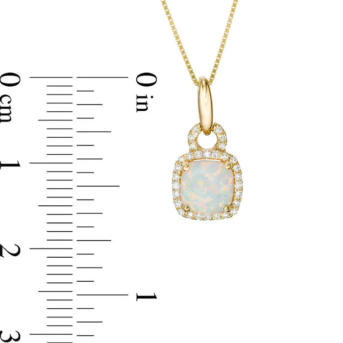 Necklaces Goldia 60mm CushionCut LabCreated Opal and 01 CT TW Diamond Frame Doorknocker Pendant in 10K Yellow Gold Necklaces Goldia 60mm CushionCut LabCreated Opal and 01 CT TW Diamond Frame Doorknocker Pendant in 10K Yellow Gold