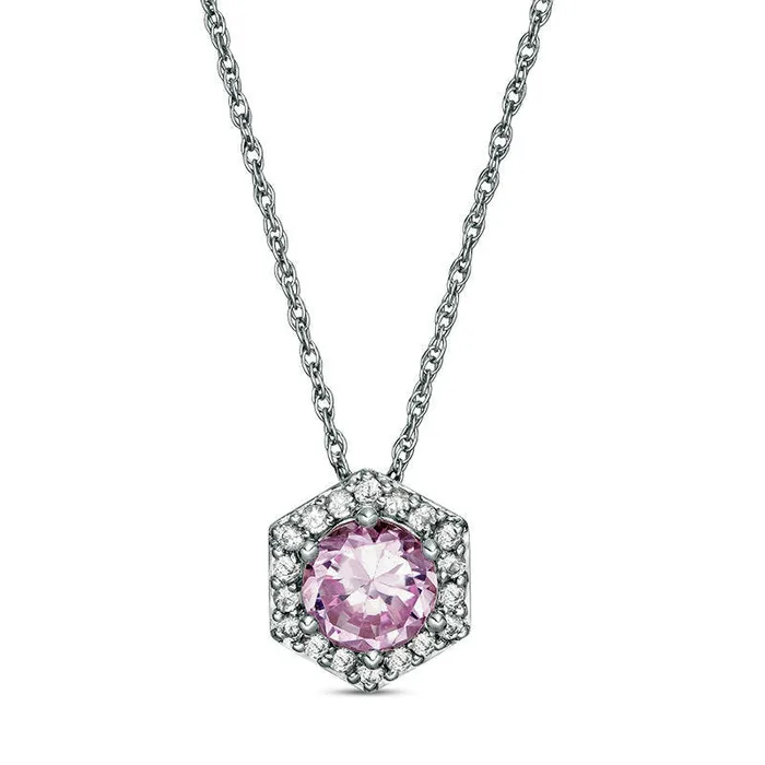 Necklaces Goldia 60mm LabCreated Pink and White Sapphire Hexagon Frame Pendant in Sterling Silver Necklaces Goldia 60mm LabCreated Pink and White Sapphire Hexagon Frame Pendant in Sterling Silver