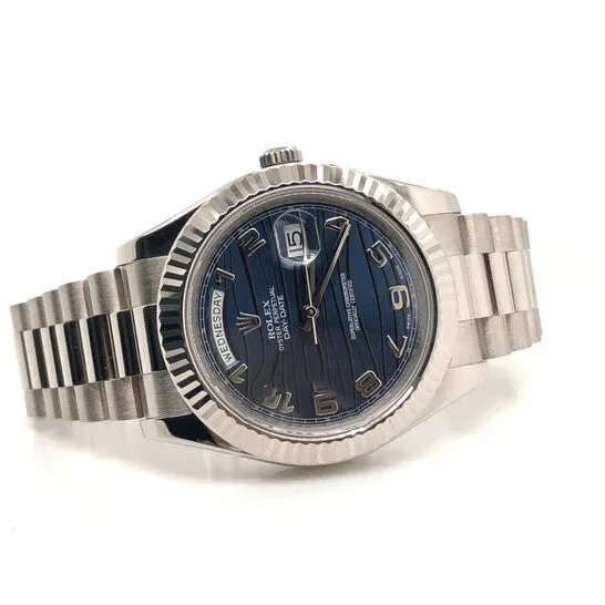 Original Rolex DayDate II Blue Wave Dial 18K White Gold President Automatic Mens Watch 218239BLWAP JMS always Rings Original Rolex DayDate II Blue Wave Dial 18K White Gold President Automatic Mens Watch 218239BLWAP JMS always Rings