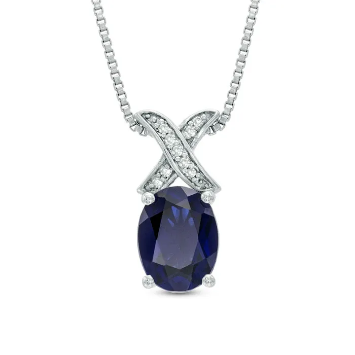 Oval LabCreated Blue Sapphire and Diamond Accent X Pendant in Sterling Silver Goldia Necklaces Oval LabCreated Blue Sapphire and Diamond Accent X Pendant in Sterling Silver Goldia Necklaces