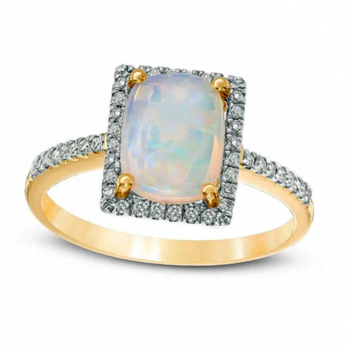 Rings Goldia CushionCut Opal and 013 CT TW Natural Diamond Square Frame Ring in Solid 10K Yellow Gold