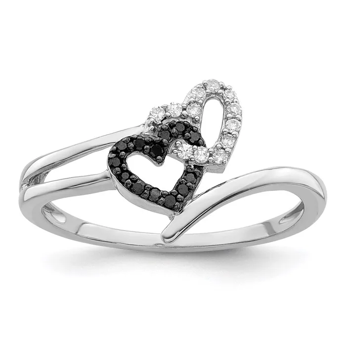 Rings White Night Sterling Silver Rhodiumplated Black and White Diamond Double Heart Ring Goldia
