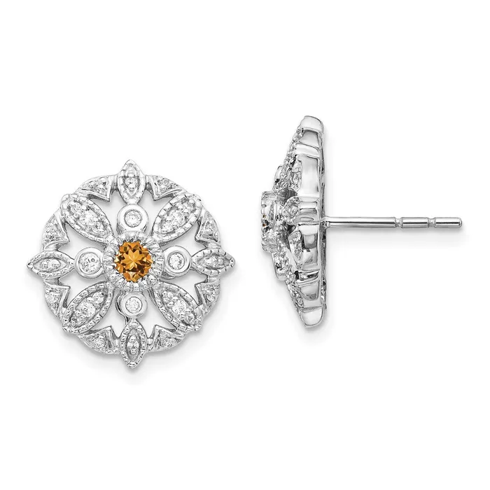 Solid 14k White Gold Simulated CZ and Citrine Fancy Earrings Goldia Earrings