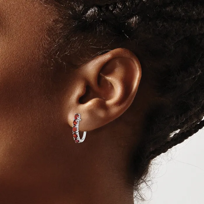 Sterling Silver Rhodiumplated Polished Garnet Hinged Hoop Earrings Goldia Earrings