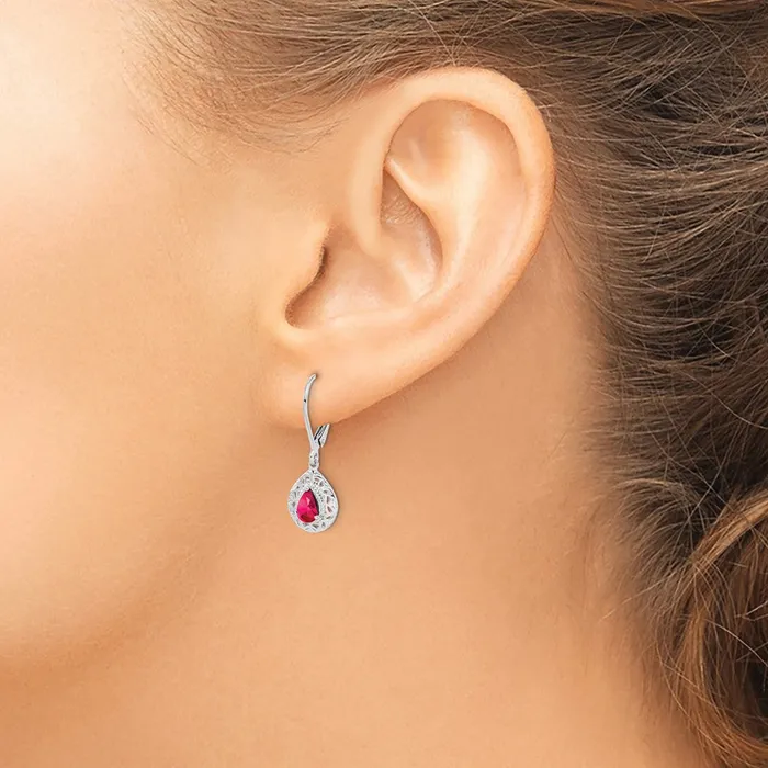 Sterling Silver Rhodium Ruby Teardrop Lever Back Earrings Goldia Earrings