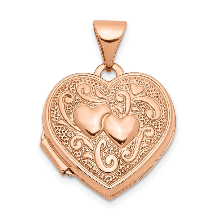 14k Rose Gold Textured Double Heart Scroll Design 15mm Heart Locket TreasureFineJewelers Necklaces 14k Rose Gold Textured Double Heart Scroll Design 15mm Heart Locket TreasureFineJewelers Necklaces