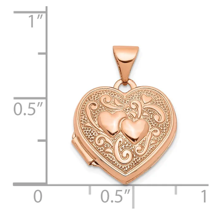 14k Rose Gold Textured Double Heart Scroll Design 15mm Heart Locket TreasureFineJewelers Necklaces