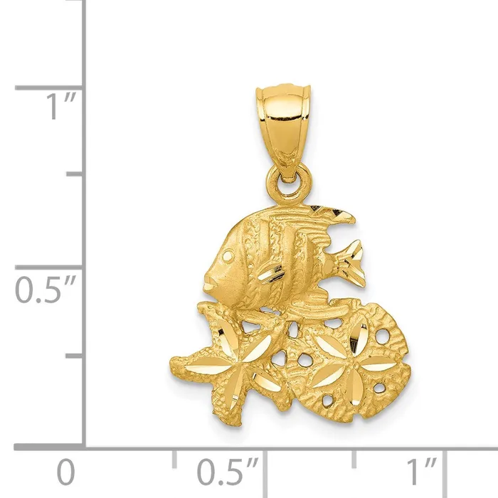 14k Satin Diamondcut Fish Starfish and Sand Dollar Pendant TreasureFineJewelers Necklaces