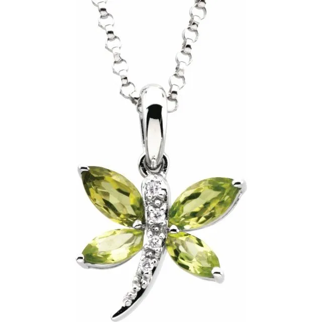 14K White Gold Natural Peridot 02 CT Natural Diamond Dragonfly 18 Necklace TreasureFineJewelers Necklaces 14K White Gold Natural Peridot 02 CT Natural Diamond Dragonfly 18 Necklace TreasureFineJewelers Necklaces