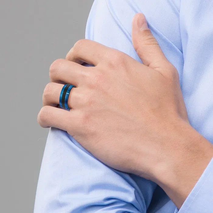 Black Carbon Fiber with Brushed Blue IPplated Stainless Steel 8mm Band TreasureFineJewelers Rings