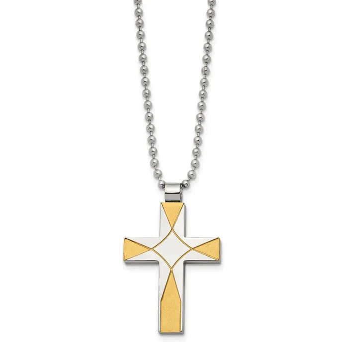 Chisel Stainless Steel Brushed and Polished Yellow IPplated Cross Pendant on a 22 inch Ball Chain Necklace TreasureFineJewelers Necklaces