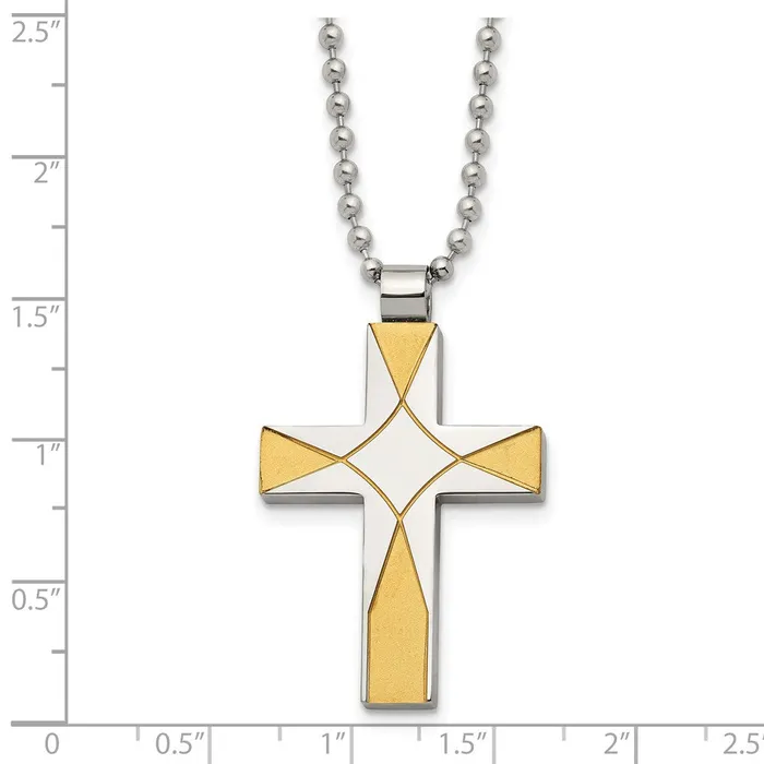 Chisel Stainless Steel Brushed and Polished Yellow IPplated Cross Pendant on a 22 inch Ball Chain Necklace TreasureFineJewelers Necklaces