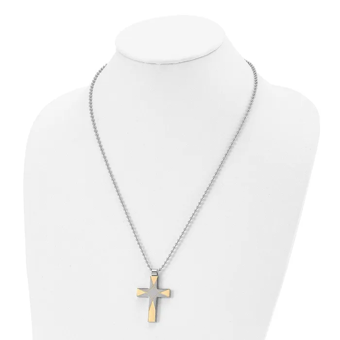 Chisel Stainless Steel Brushed and Polished Yellow IPplated Cross Pendant on a 22 inch Ball Chain Necklace TreasureFineJewelers Necklaces