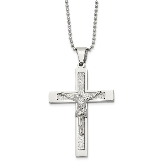 Chisel Stainless Steel Polished Laser Cut Crucifix Pendant on a 22 inch Ball Chain Necklace TreasureFineJewelers Necklaces Chisel Stainless Steel Polished Laser Cut Crucifix Pendant on a 22 inch Ball Chain Necklace TreasureFineJewelers Necklaces