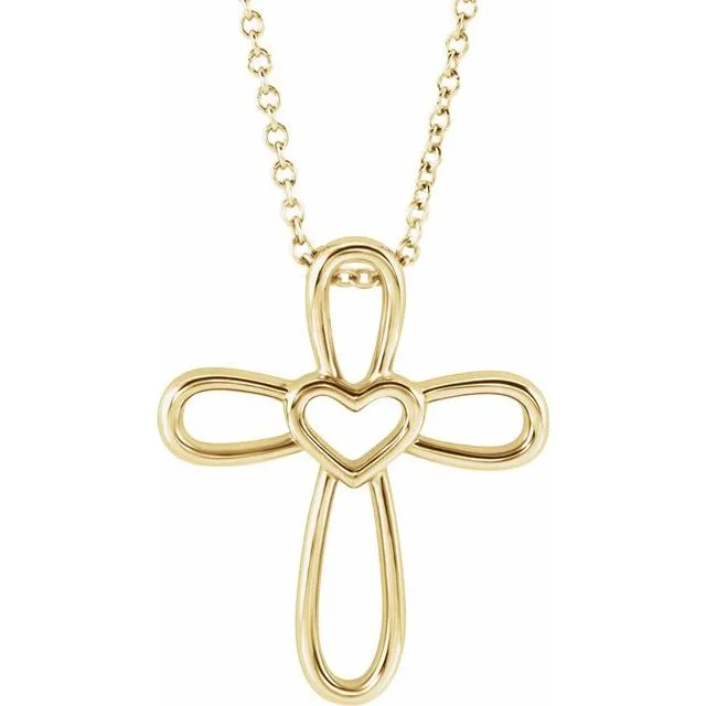 Necklaces 14K Yellow Cross with Heart 1618 Necklace TreasureFineJewelers Necklaces 14K Yellow Cross with Heart 1618 Necklace TreasureFineJewelers