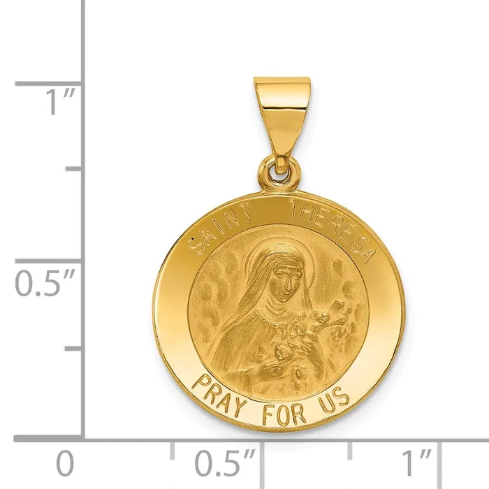 Necklaces 14k Yellow Gold Polished and Satin St Theresa Medal Hollow Pendant TreasureFineJewelers
