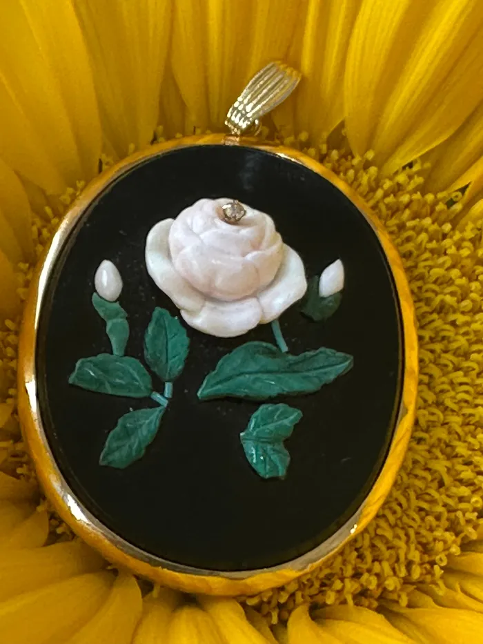 Necklaces 18 Karat Yellow Gold Black Onyx Jade Flower Pendant 54800566 ONeills Estate Jewelry Necklaces 18 Karat Yellow Gold Black Onyx Jade Flower Pendant 54800566 ONeills Estate Jewelry